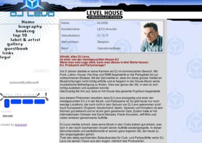 DeeJay Levo und Levelhouse Produktion. Webseite mit interaktiven Elemente und Flash.