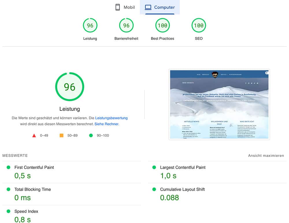 Google PageSpeed Snowboardcoach